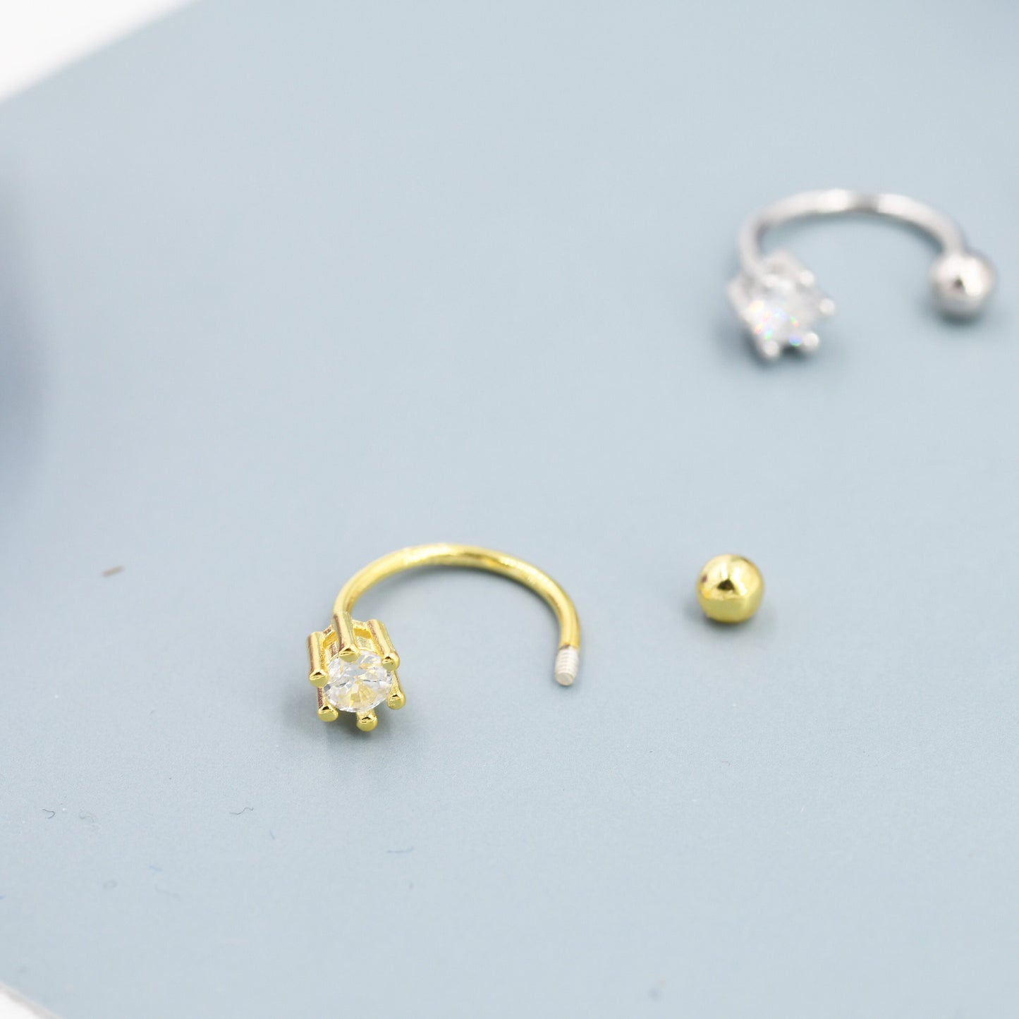 Huggie Hoop Earrings (2pc) with Screw Back in Sterling Silver, Sparkly CZ Crystals (Lab Diamond), Curved Barbell Earrings