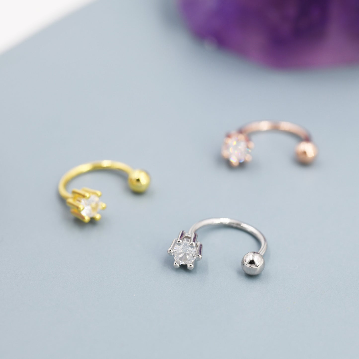 Huggie Hoop Earrings (2pc) with Screw Back in Sterling Silver, Sparkly CZ Crystals (Lab Diamond), Curved Barbell Earrings
