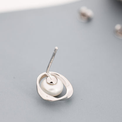 Genuine Freshwater Pearl and Mobius Circle Stud Earrings in Sterling Silver, Delicate Keshi Pearl Halo Earrings,  Genuine Freshwater Pearls