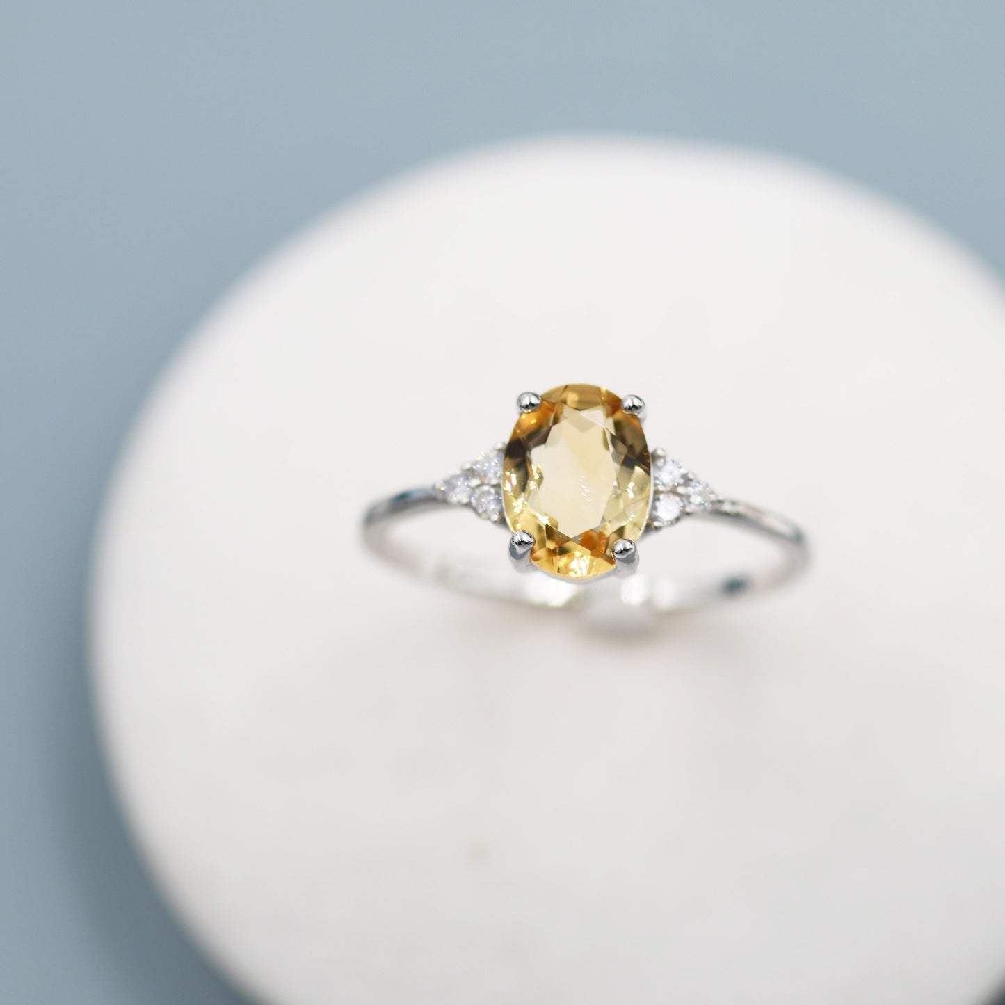 Genuine Citrine Oval Ring in Sterling Silver, Natural Yellow Citrine Ring, Three CZ,  Vintage Inspired Design, US 5 - 8, November Birthstone