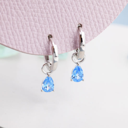 Sterling Silver Aquamarine Blue Pear Cut CZ Hoop Earrings, Droplet Dangle Hoop Earrings, Interchangeable Charm, March Birthstone