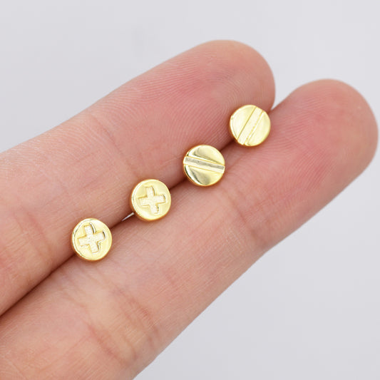 Screw Stud Earrings in Sterling Silver, Silver Gold or Rose Gold, Cross Screw Earrings, Slotted Screw Earrings