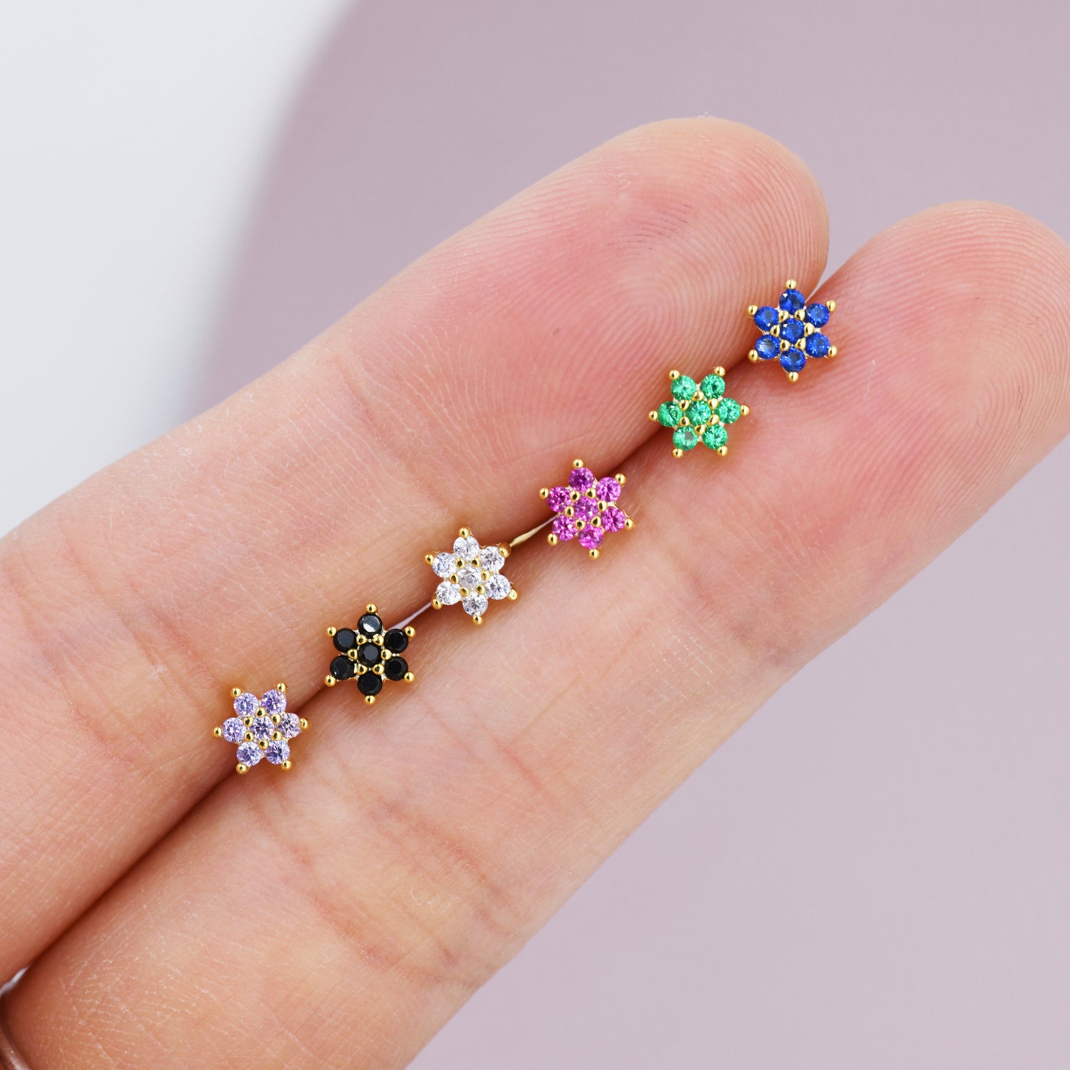Pair of Very Tiny CZ Flower Stud Earrings in Sterling Silver, Silver or Gold, Crystal Flower Earrings, Stacking Earrings, Snowflake