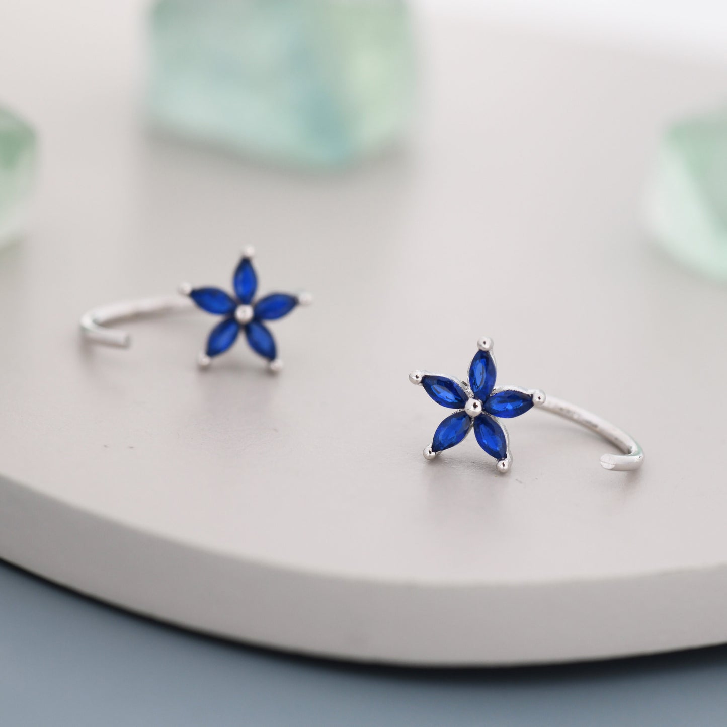 Sapphire Blue CZ Flower Huggie Hoop Earrings in Sterling Silver,  Gold or Silver, Marquise CZ Flower Threader Hoop Earrings, Pull Through