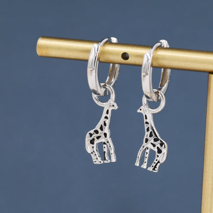 Giraffe Huggie Hoop Earrings in Sterling Silver, Silver or Gold, Giraffe Dangle Earrings, Detachable and Interchangeable