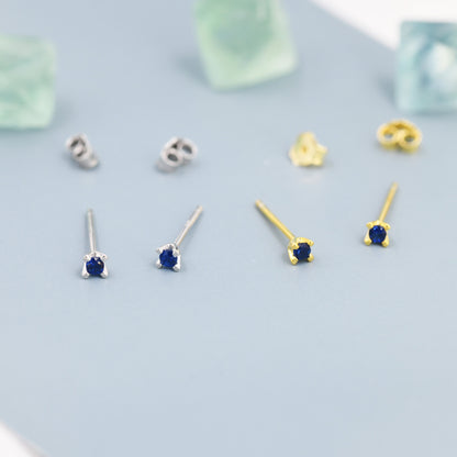 Extra Tiny 2mm Sapphire Blue CZ Stud Earrings in Sterling Silver, Barely Visible Stud Earrings, 2mm Blue Earrings, Tiny Crystal Earrings