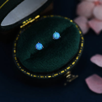 Sterling Silver Tiny Little Blue Opal Stud Earrings,  3mm Opal Stud, Gold or Silver, Lab Opal, Three Prong, Semi-precious Jewellery