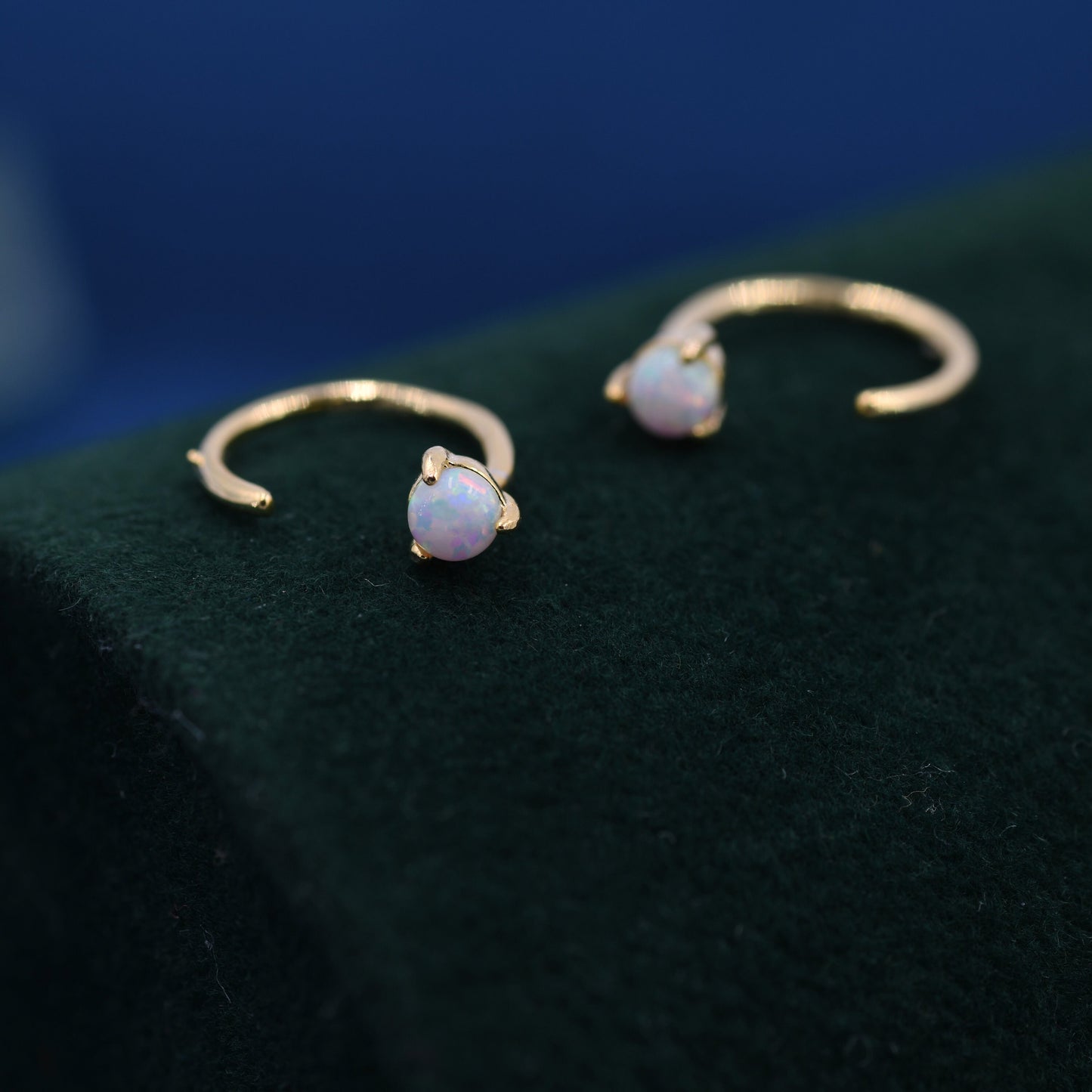 Minimalist Opal Huggie Hoop Threader Earrings in Sterling Silver, 3mm Three Prong, Gold or Silver, Pull Through Open Hoops, Fire Opal