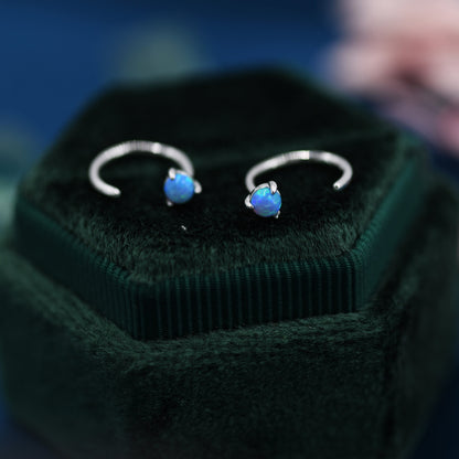 Minimalist Opal Huggie Hoop Threader Earrings in Sterling Silver, 3mm Three Prong, Gold or Silver, Pull Through Open Hoops, Blue Opal