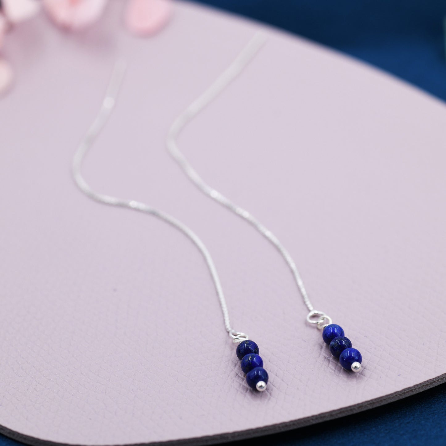 Genuine Lapis Lazuli Gemstone Ear Threaders in Sterling Silver, Three Beads Threader Earrings, Ear Jacket. Dark Blue Gemstones
