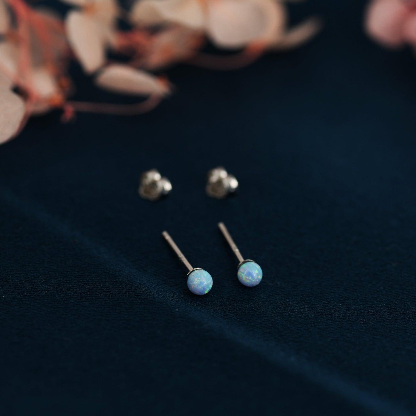 Comic Blue Opal Stud Earrings in Sterling Silver - Pale Blue Opal Stud, 3mm Opal Ball Stud Earrings, Extra Tiny Opal Stud