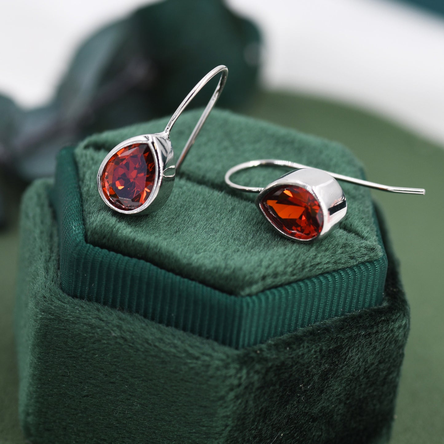 Sterling Silver Garnet Red Droplet Drop Earrings in Sterling Silver, Silver or Gold, Chunky Pear Shape Hook Earrings