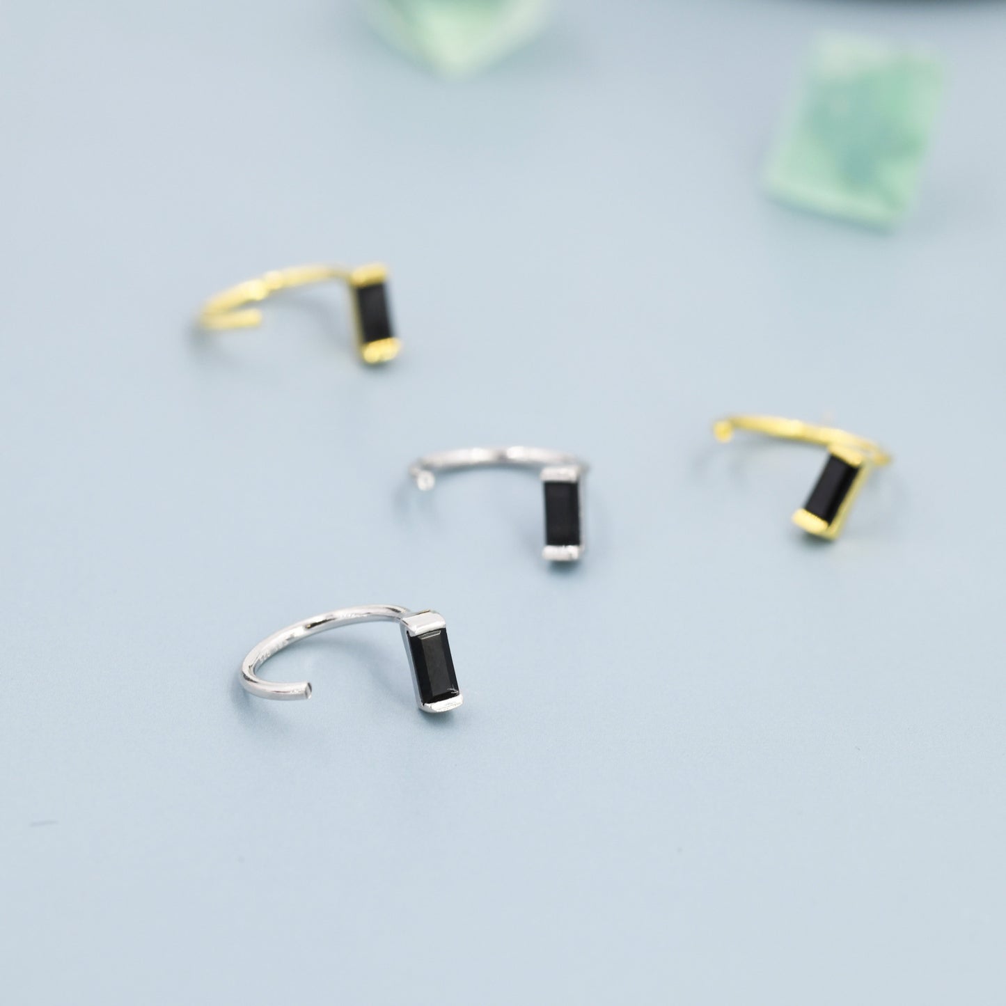 Black Baguette Cut CZ Huggie Hoop Earrings in Sterling Silver, Silver or Gold, Open Hoops,  Pull-Through Threader Earrings,