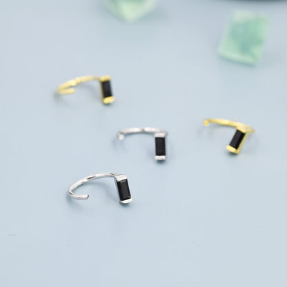 Black Baguette Cut CZ Huggie Hoop Earrings in Sterling Silver, Silver or Gold, Open Hoops,  Pull-Through Threader Earrings,