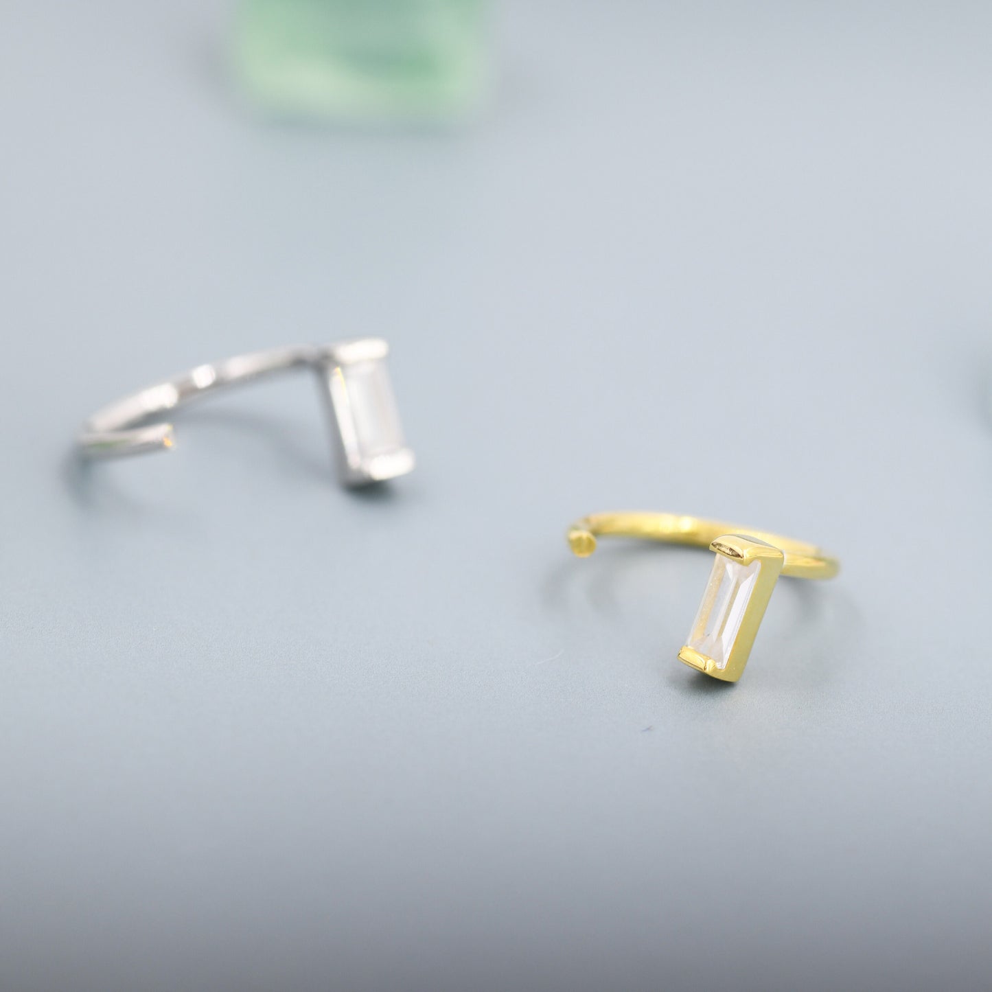 Baguette Cut CZ Huggie Hoop Earrings in Sterling Silver, Silver or Gold, Open Hoops,  Pull-Through Threader Earrings