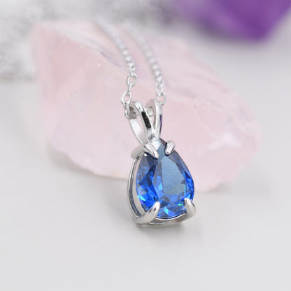 Sapphire Blue Pear Cut CZ Necklace in Sterling Silver, 7 x 9mm, Blue Droplet necklace, Diamond CZ, September Birthstone