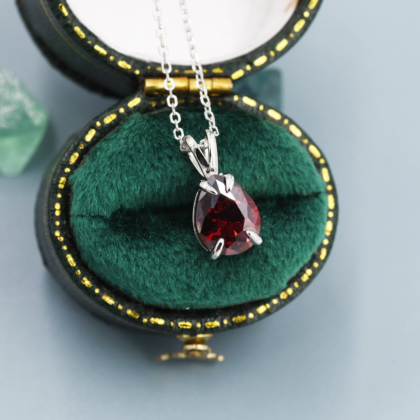 Garnet Red Pear Cut CZ Necklace in Sterling Silver, 7 x 9mm, Dark Red Droplet necklace, Diamond CZ, January Birthstone