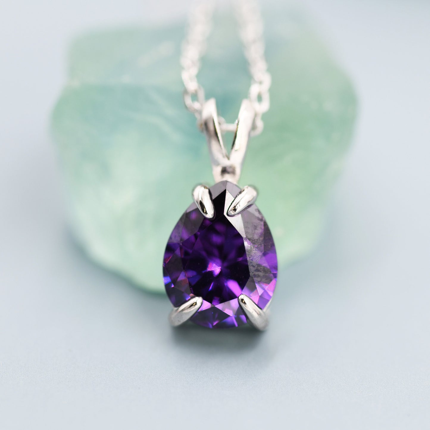 Amethyst Purple Pear Cut CZ Necklace in Sterling Silver, 7 x 9mm, Purple Droplet necklace, Diamond CZ, February Birthstone