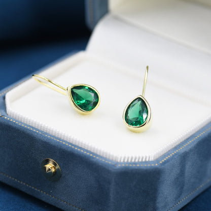 Sterling Silver Emerald Green Droplet Drop Earrings in Sterling Silver, Silver or Gold, Chunky Pear Shape Hook Earrings