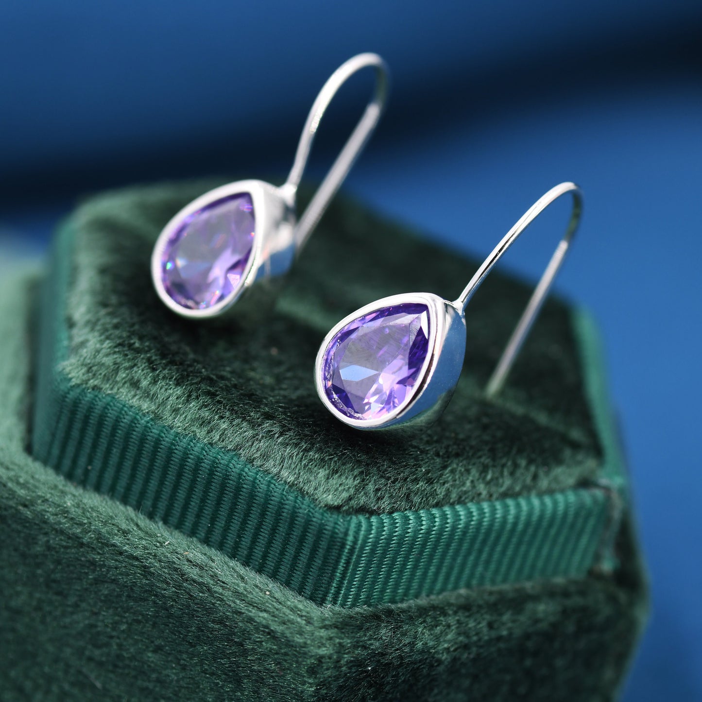 Sterling Silver Amethyst Purple CZ Droplet Drop Earrings in Sterling Silver, Silver or Gold, Chunky Pear Shape Hook Earrings