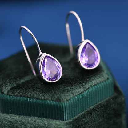 Sterling Silver Amethyst Purple CZ Droplet Drop Earrings in Sterling Silver, Silver or Gold, Chunky Pear Shape Hook Earrings