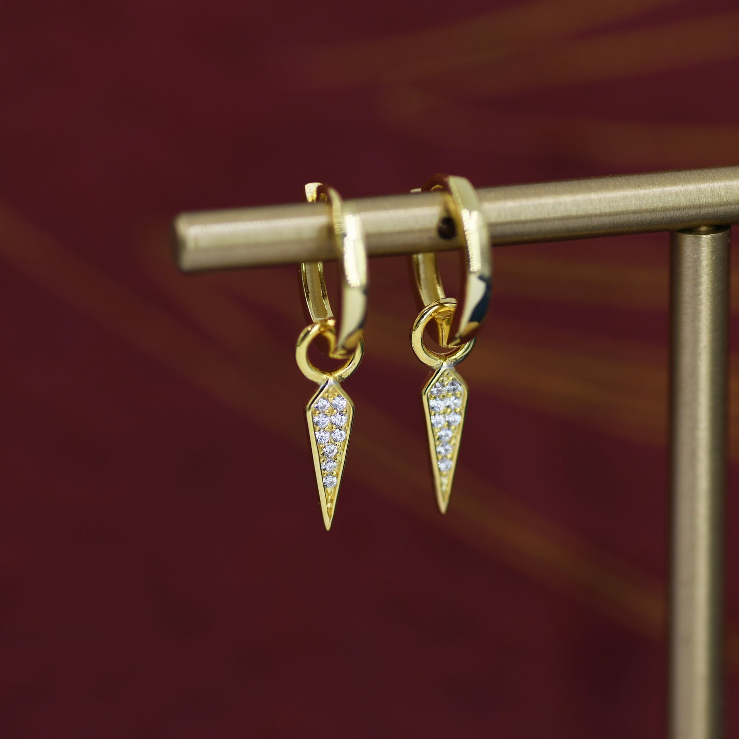 Sterling Silver Dangling Rhombus Spike Hoop Earrings, Detachable Kite Charm Dangle Hoop Earrings, Silver or Gold,  Interchangeable Charms