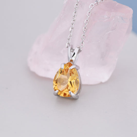Genuine Citrine  Pear Cut  Necklace in Sterling Silver, 7 x 9mm, Natural Real Citine Droplet necklace, November Birthstone