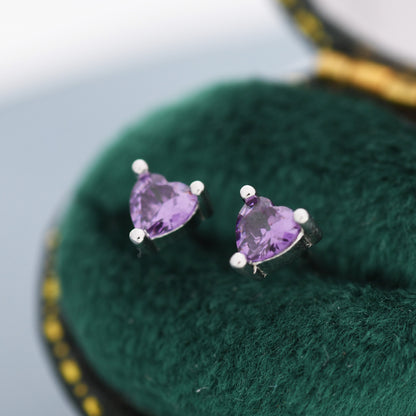 Tiny Amethyst Purple CZ Heart Stud Earrings in Sterling Silver, Silver or Gold,  Diamond CZ Crystal Heart Earrings, Stacking Earrings