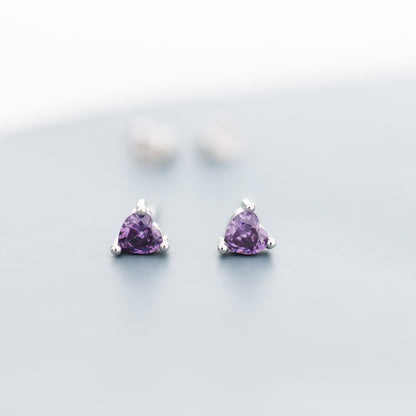 Tiny Amethyst Purple CZ Heart Stud Earrings in Sterling Silver, Silver or Gold,  Diamond CZ Crystal Heart Earrings, Stacking Earrings