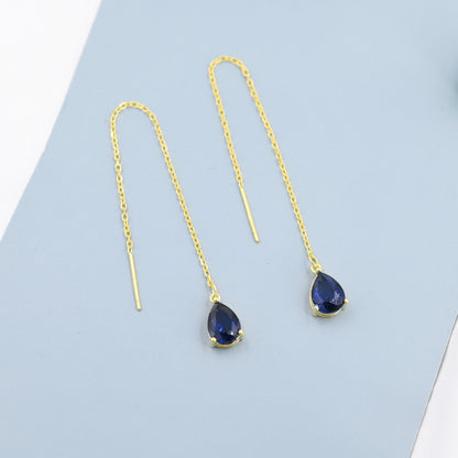 Sapphire Blue CZ Droplet Threader Earrings in Sterling Silver, Silver or Gold,  Pear Cut CZ Long Ear Threaders, Sparkly CZ Threaders