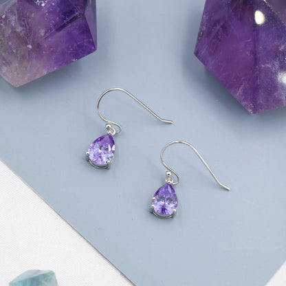 Amethyst Purple Pear Cut CZ Drop Earrings in Sterling Silver, Silver or Gold, Lilac Purple Droplet Dangle Earrings