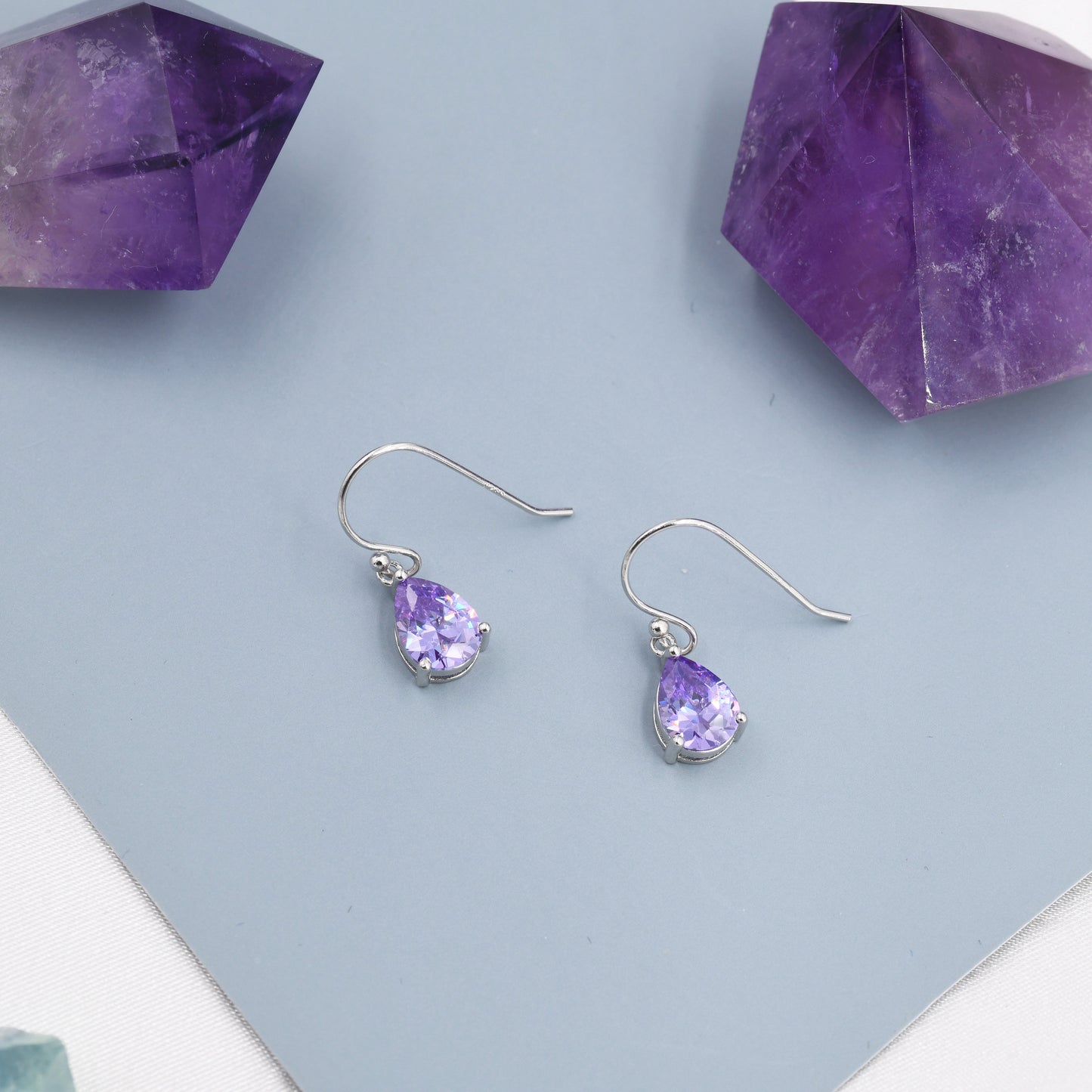 Amethyst Purple Pear Cut CZ Drop Earrings in Sterling Silver, Silver or Gold, Lilac Purple Droplet Dangle Earrings