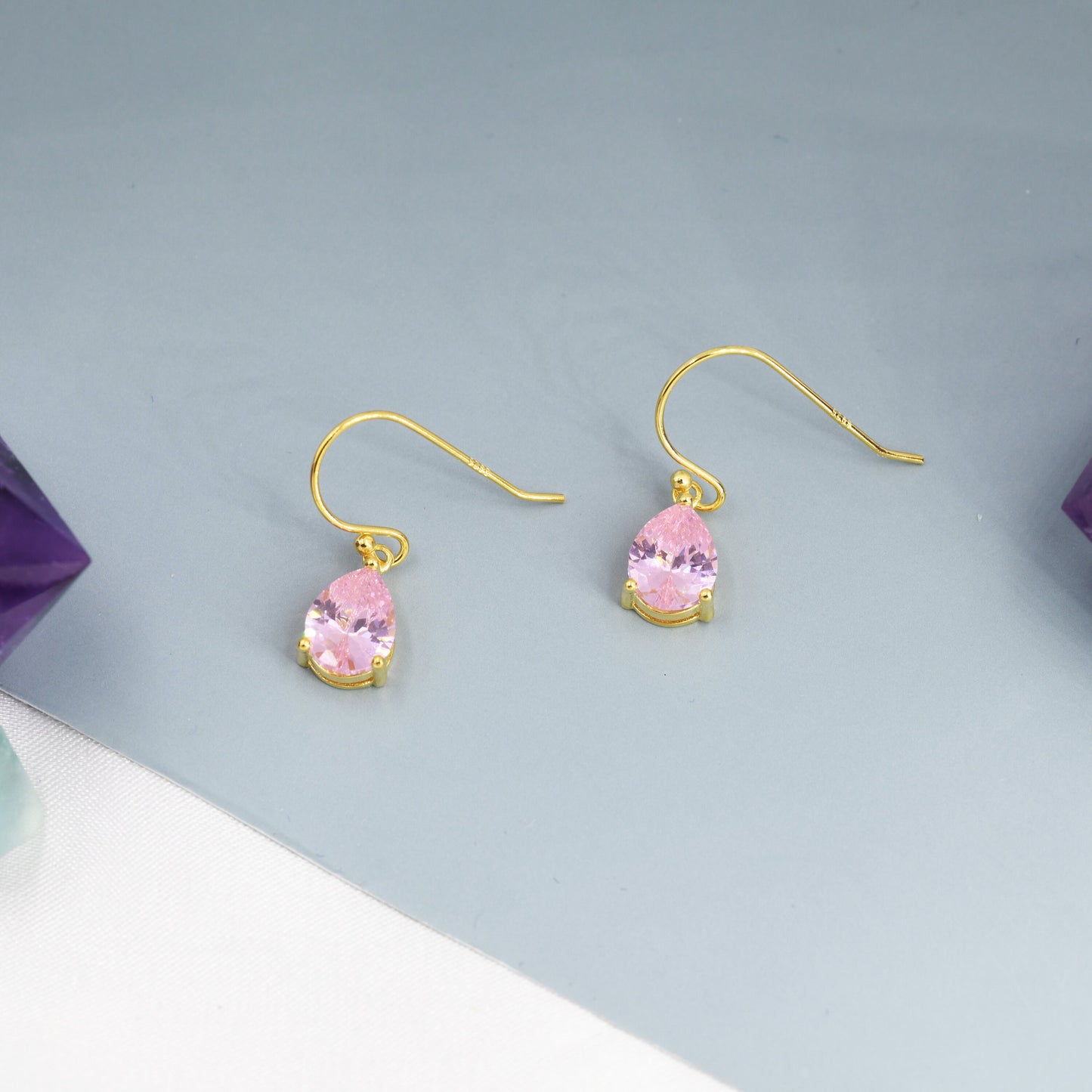 Tourmaline Pink Pear Cut CZ Drop Earrings in Sterling Silver, Silver or Gold, Pink Droplet Dangle Earrings