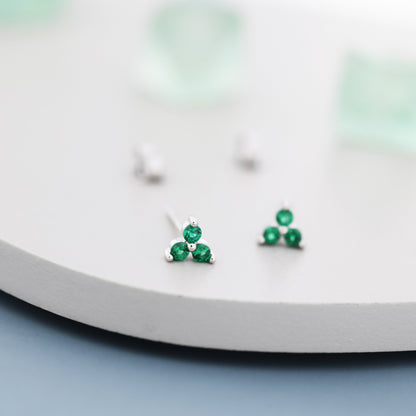 Tiny Emerald Green Trinity CZ Stud Earrings in Sterling Silver - Gold or Silver, Green CZ Three Crystal Stud Earrings, Emerald Trefoil Stud
