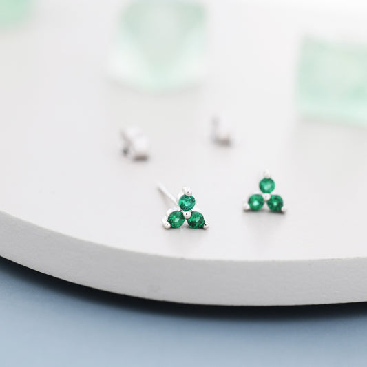 Tiny Emerald Green Trinity CZ Stud Earrings in Sterling Silver - Gold or Silver, Green CZ Three Crystal Stud Earrings, Emerald Trefoil Stud