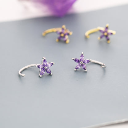 Amethyst Purple CZ Flower Huggie Hoop Earrings in Sterling Silver,  Gold or Silver, Marquise CZ Flower Threader Hoop Earrings, Pull Through
