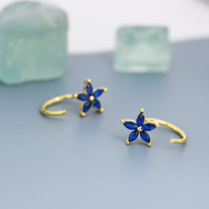 Sapphire Blue CZ Flower Huggie Hoop Earrings in Sterling Silver,  Gold or Silver, Marquise CZ Flower Threader Hoop Earrings, Pull Through