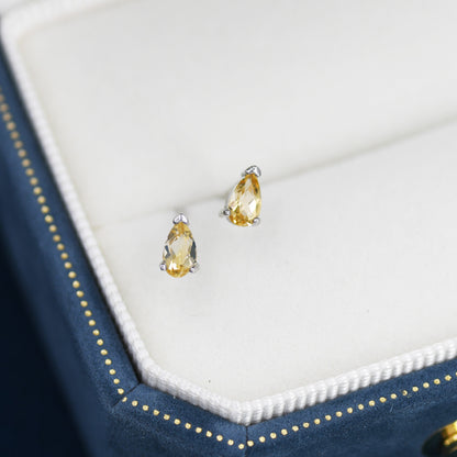 Genuine Citrine Crystal Droplet Stud Earrings in Sterling Silver, Natural Yellow Citrine Pear Shape Stud Earrings, November Birthstone