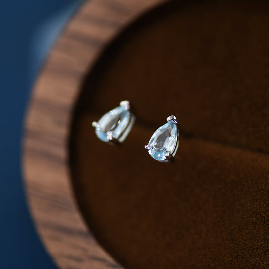 Genuine Swiss Blue Topaz Crystal Droplet Stud Earrings in Sterling Silver, Natural Blue Topaz Pear Shape Stud Earrings, March Birthstone