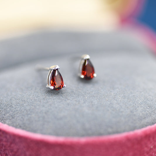 Genuine Garnet Crystal Droplet Stud Earrings in Sterling Silver, Natural Garnet Pear Shape Stud Earrings, January Birthstone