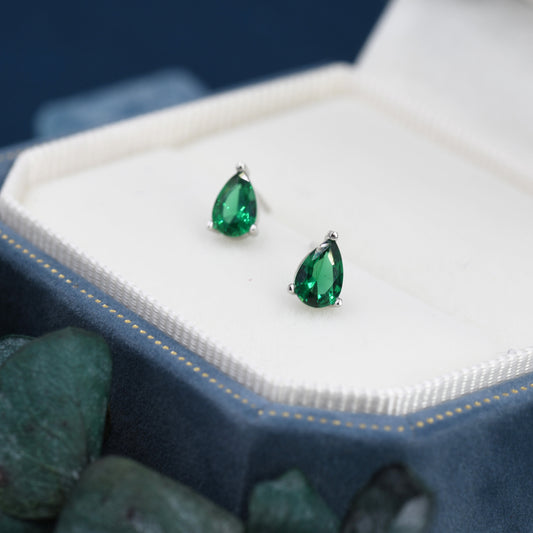 Sterling Silver Emerald Green Droplet Stud Earrings,  Pear Cut Emerald Earrings,  May Birthstone CZ Earrings, Silver, Gold or Rose Gold