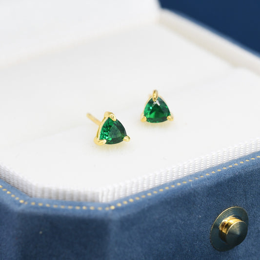 Trillion Cut Emerald Green CZ Stud Earrings in Sterling Silver, Silver or Gold, Cubic Zirconia Crystal Earrings