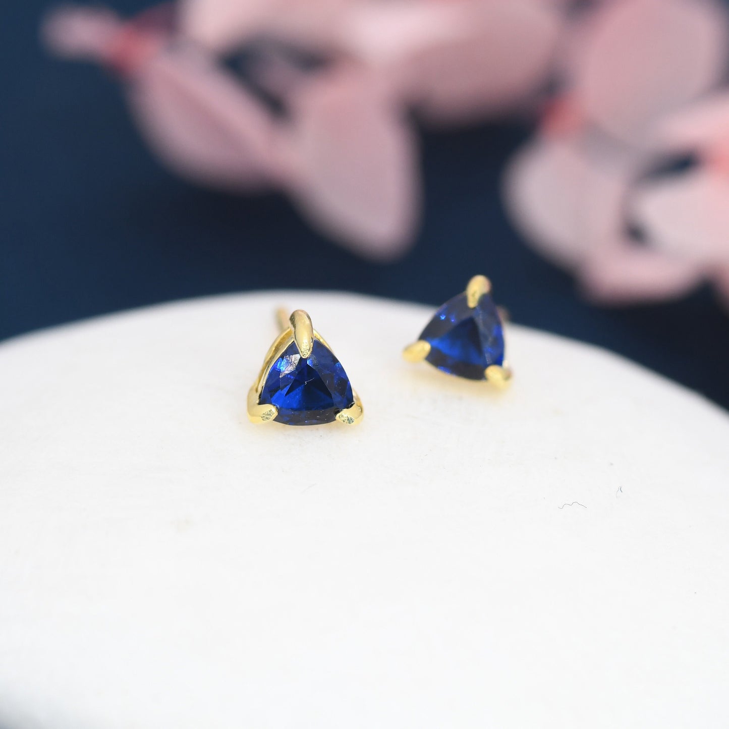 Trillion Cut Sapphire Blue CZ Stud Earrings in Sterling Silver, Silver or Gold, Blue Cubic Zirconia Crystal Earrings, September Earrings