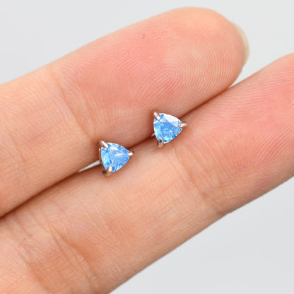 Trillion Cut Aquamarine Blue CZ Stud Earrings in Sterling Silver, Silver or Gold, Blue Cubic Zirconia Crystal Earrings, March Earrings