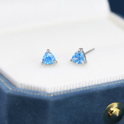 Trillion Cut Aquamarine Blue CZ Stud Earrings in Sterling Silver, Silver or Gold, Blue Cubic Zirconia Crystal Earrings, March Earrings