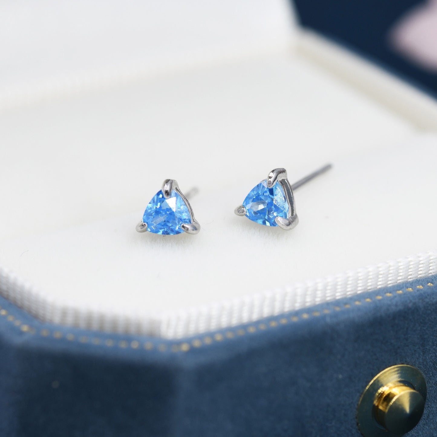 Trillion Cut Aquamarine Blue CZ Stud Earrings in Sterling Silver, Silver or Gold, Blue Cubic Zirconia Crystal Earrings, March Earrings