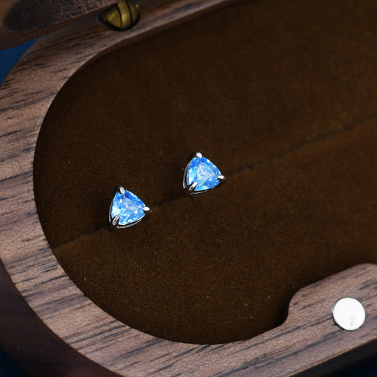 Trillion Cut Aquamarine Blue CZ Stud Earrings in Sterling Silver, Silver or Gold, Blue Cubic Zirconia Crystal Earrings, March Earrings