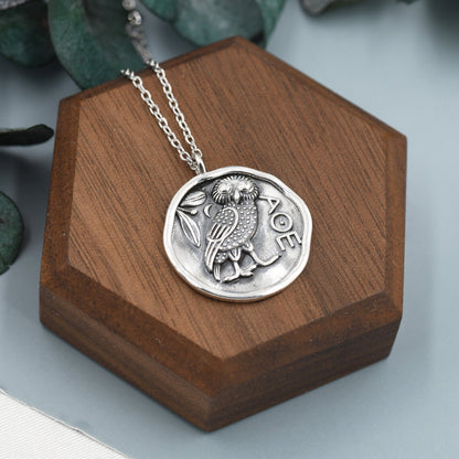Sterling Silver Greek Coin Pendant Necklace - Owl Coin Necklace , Owl of Athena Coin Necklace in Silver, Ancient Greek Coin Inspired