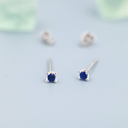 Extra Tiny 2mm Sapphire Blue CZ Stud Earrings in Sterling Silver, Barely Visible Stud Earrings, 2mm Blue Earrings, Tiny Crystal Earrings