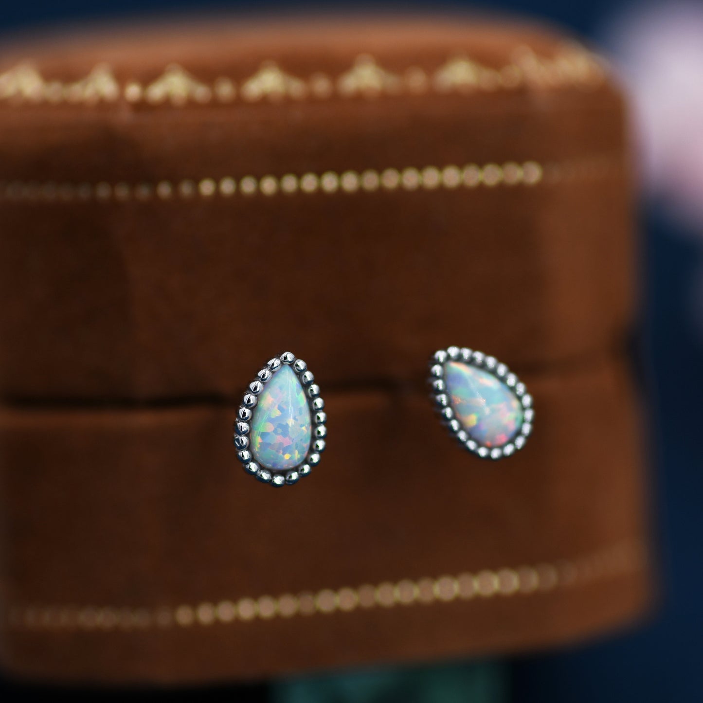 Sterling Silver Opal Droplet Earrings, Pear Shape White Fire Opal Stud Earrings, Silver or Gold, Dotted Bobble Beaded